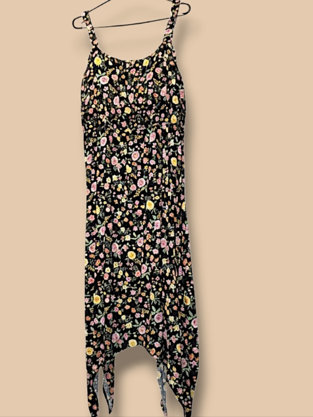 Floral Handkerchief Hem Midi Dress - Black Multi Size XL
